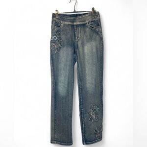 Ashro Back Zip Floral Embroidered Straight Leg Stretchy Jean 10